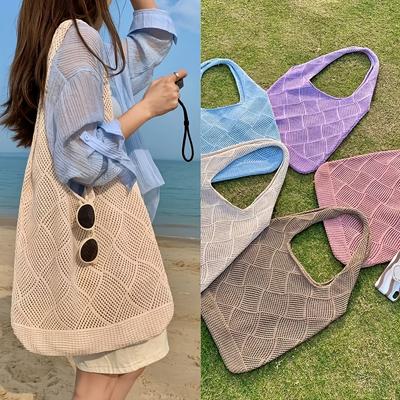 Breathable Knit Tote Bag - Open-Weave Summer Shoulder Bag with Spacious Design, Lightweight Polyester, for Beach, Shopping & Casual Outings
