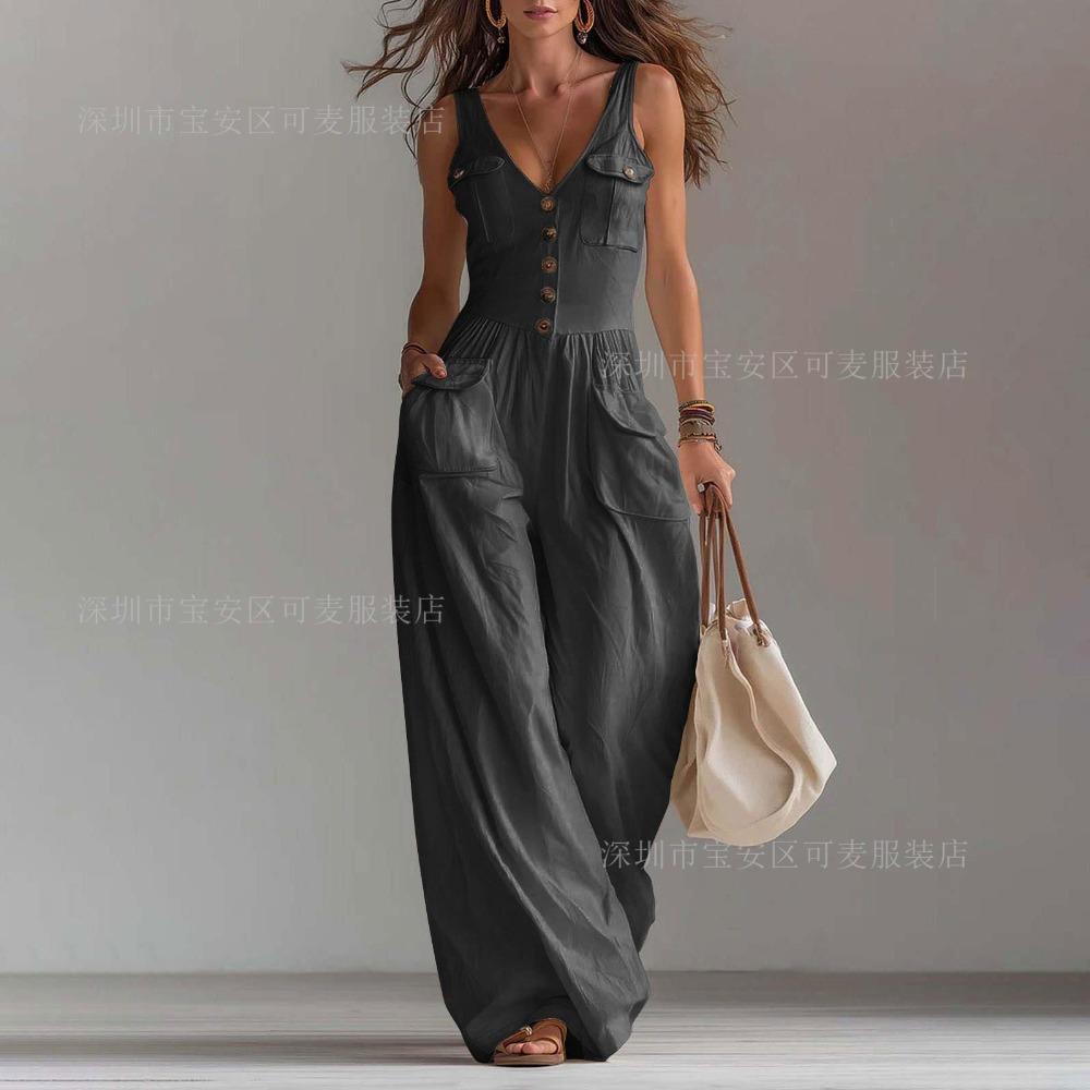 Europe, America, summer pocket V-neck button-up vest comfortable jumpsuit women