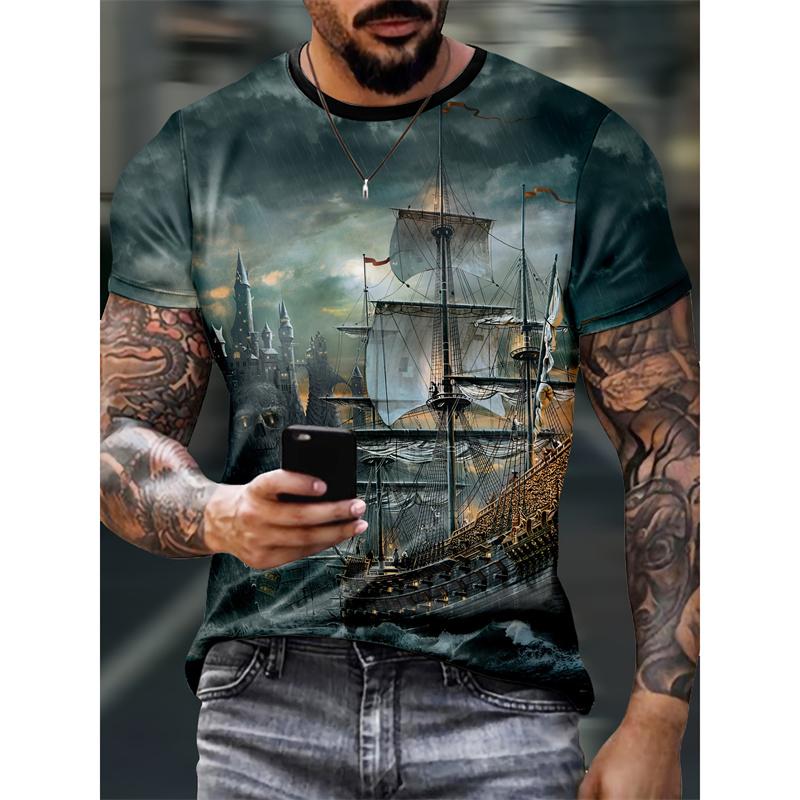 Seaside Lighthouse Sailboat 3D Print T-Shirts Streetwear Men FashionOversized O-Neck Short Sleeved T Shirt Tees Tops Clothing