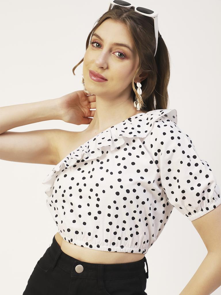 Moomaya Women  S Printed Crop Top, One Shoulder Cotton Casual Summer Top