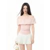 Pink Ruffle Edge Shoulder Off-shoulder Short-sleeved T-shirt Women's Summer Summer New Slim-fitting Tight French Top
