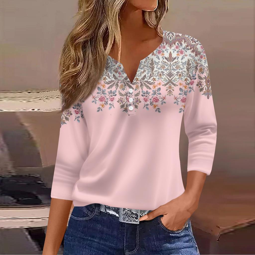 Ladies Casual Fashion V-neck Loose Versatile Floral Print Three-quarter Sleeve Top
