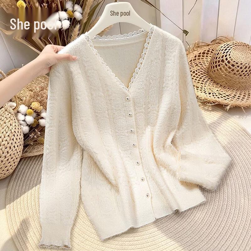 Women's V-Neck Lace-Trimmed Knitted Cardigan