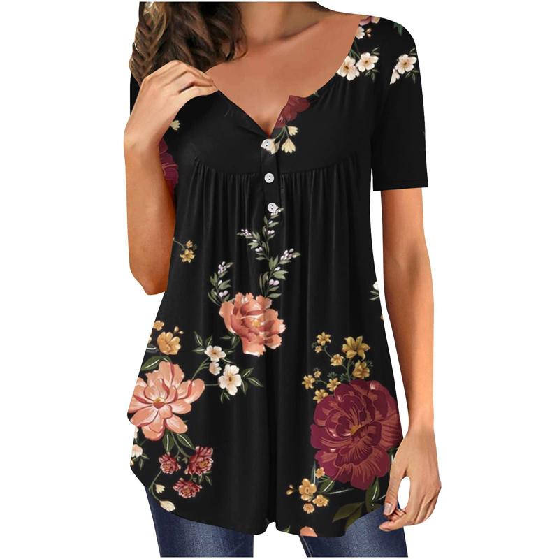 Summer Women's Short Sleeve Floral 3D Printed Buttons T Shirt Ladies Plus Size Top