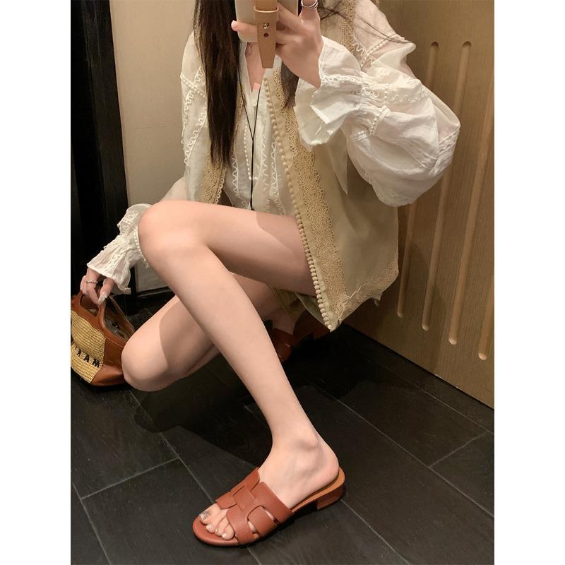 Sheepskin~ Lady dragging holiday wind woven slippers women's summer thick heel leather one-word cool slippers outside