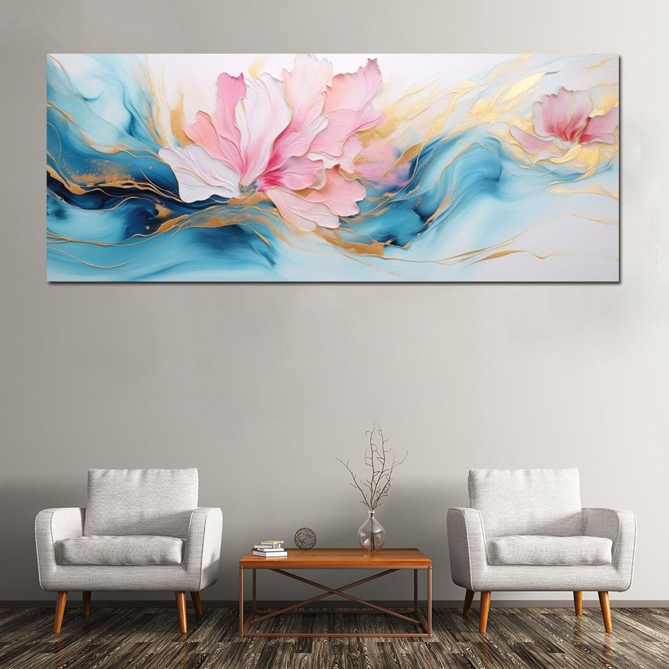 Pittura su Tela Floreale Art Fluid Moderna Arte Murale Poster e Stampe Fiore Dorato Marmo per Decorazione Parete Soggiorno Senza Cornice