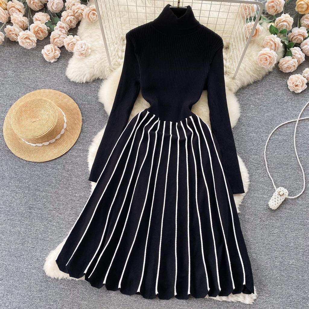 Téli őszi retro kötött csíkos ruha garbó hosszú ujjú vékony női elegáns színes blokk vintage pulóver vonalas ruha