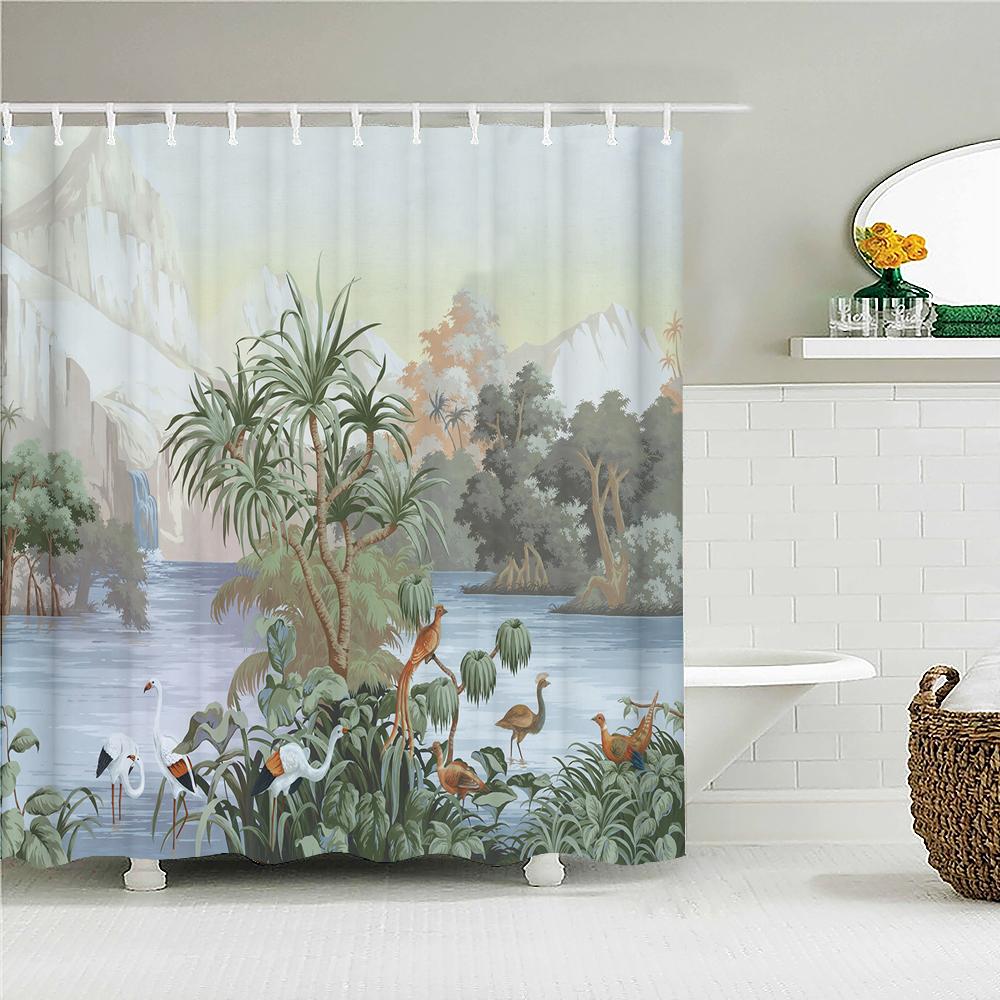 Tropical Leaves Palm Tree Bird Animals Pattern Shower Curtains Bathroom Curtain Waterproof Frabic Bath Bathroom Curtains