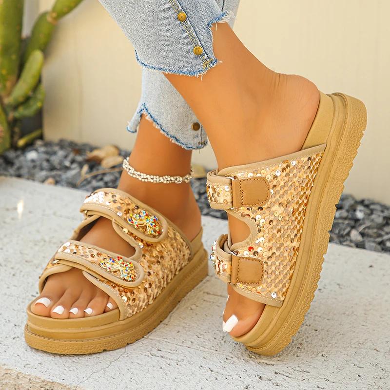 Fashion Fashion Colorful Sequins Decor Slippers Women Platform Hook and Loop Slippers for Ladies Lightweight Soft Bottom Sandals Mujer