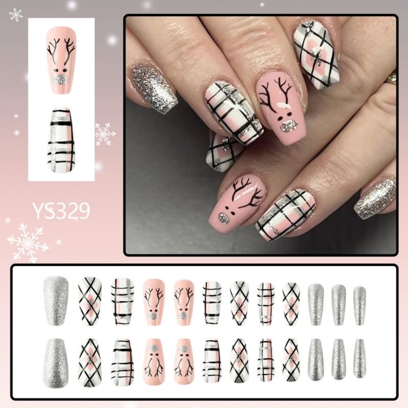 Glittering Christmas Elk Design Press On Nails Long Square Acrylic False Nails With Stripes Pattern 24Pcs Set Nail Art