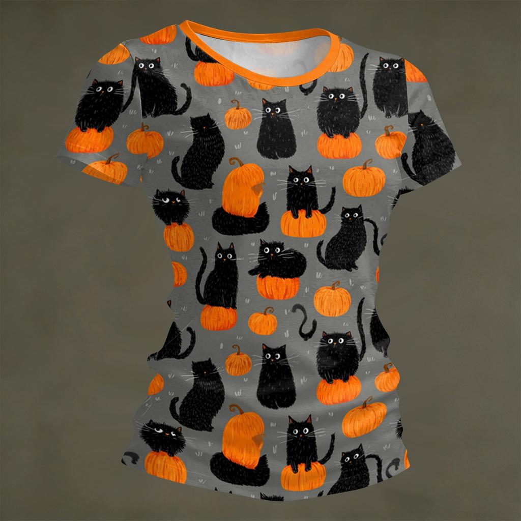Women's Halloween Printed T-Shirt Short Sleeve Neck Loose Fit Pullover Top