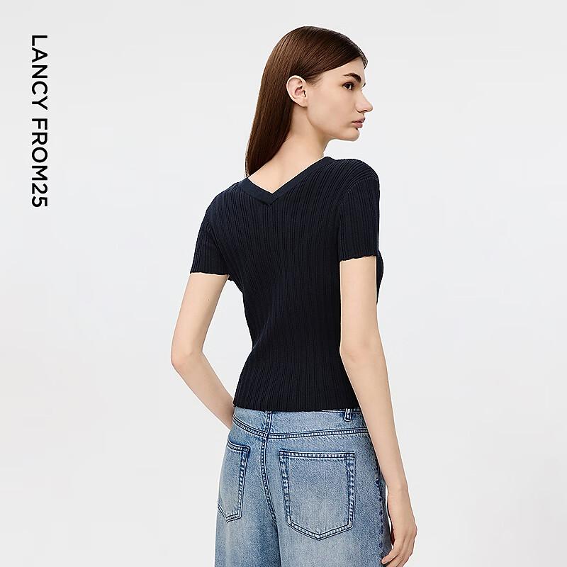 Eileen Elitee Cotton Blend V-Neck Slim Fit Short Sleeve Knit Top