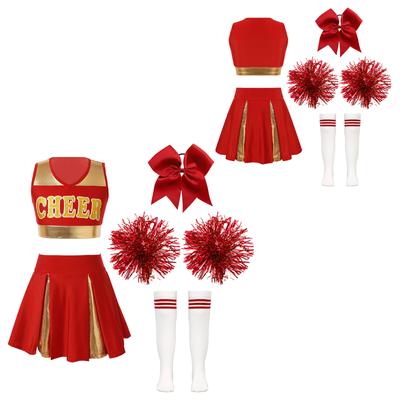 Kids Girls Cheerleading Dance Outfits Sleeveless V Neck Letter Print Crop Top Pleated Skirt Hair Tie Hand Flowers Striped Socks