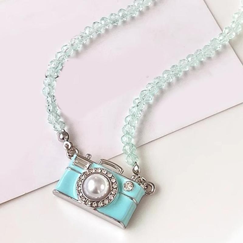 Vintage Camera Pendant Necklace With Crystal Beads 45Cm Adjustable Chain For Women Elegant Collarbone Jewelry Gift