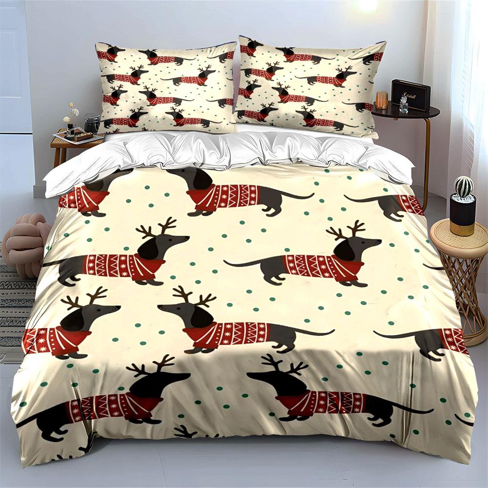 Dachshund Reindeer Sweater Print Bedding Duvet Cover Set Duvet Cover Pillowcases (1*Duvet Cover 2*Pillowcases, without duvet insert)