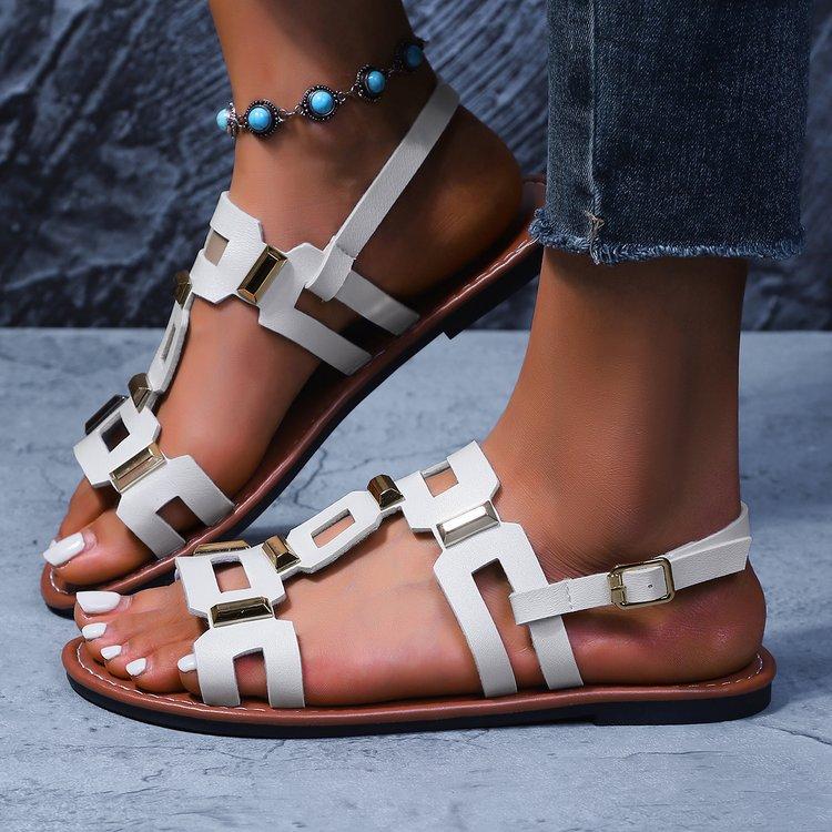 Ladies' Casual and Fashionable Metal Buckle Decoration, Classic and Comfortable Flat Bottomed Lightweight Beach Slippers