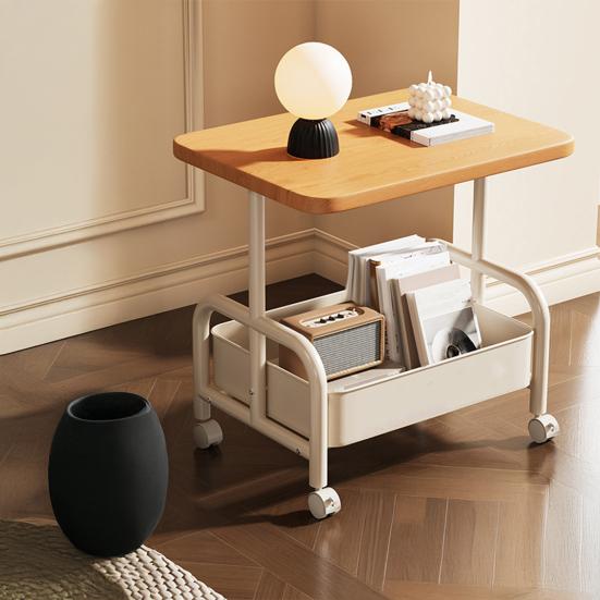 Rolling Double Layer Side Table with Storage Shelf Living Room Bedroom Sofa Couch Bedside Coffee Tea Table Desk Cart with Lockable Wheels