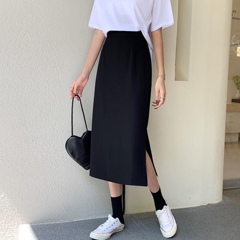 

2024 Slim Fit High Waist Black A-line Midi Skirt with Slit 3XL