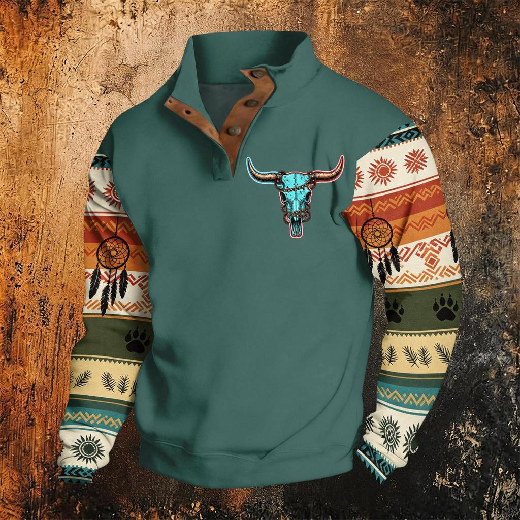 Men's Print Hoodie, Western Long Sleeve Pullover Sweatshirt with Pattern