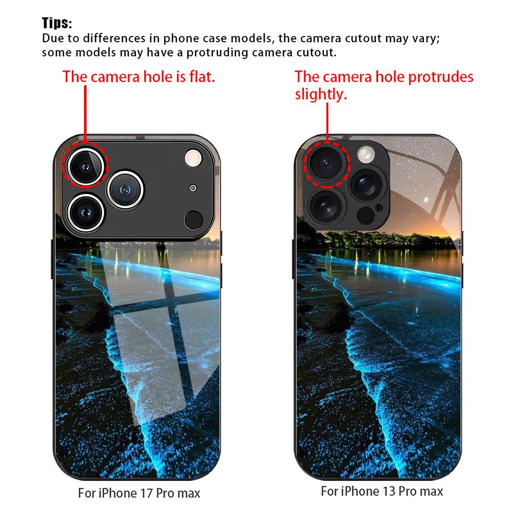 Fluorescent beach pattern tempered glass phone case suitable for iPhone17 16 15 14 13 12 11Pro/Max/Plus anti drop and shockproof