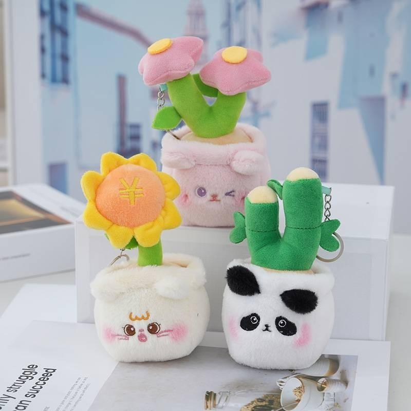 Fashion Plush Keychain Cute Potted Sunflower Kitten Green Bamboo Doll Pendant