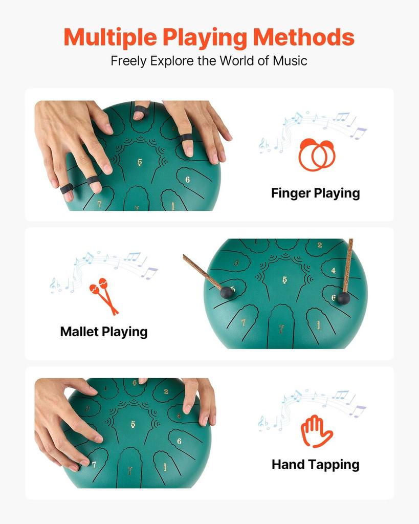 Steel Tongue Drum, 25.4cm 11 Notes Rain Drum for Outside Garden, C Major Musical Drums with Music Book & Mallets, Percussion Instrument for Meditation