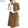 Women Casual Turn Down Collar Short Sleeve Patchwork Dress