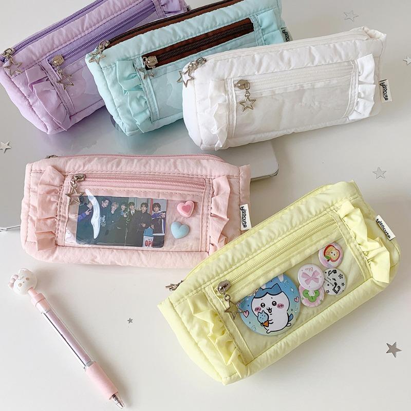Ins Casual Style Ruffle Pencil Case Aesthetic Multi-Layer Large Capacity Stationery Organizer for School Simplicity Pen Bag