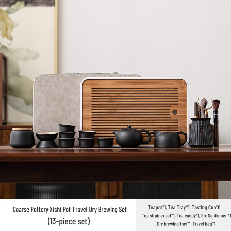 Retro Coarse Pottery Portable Tea Set for Travel & Camping with Storage Bag