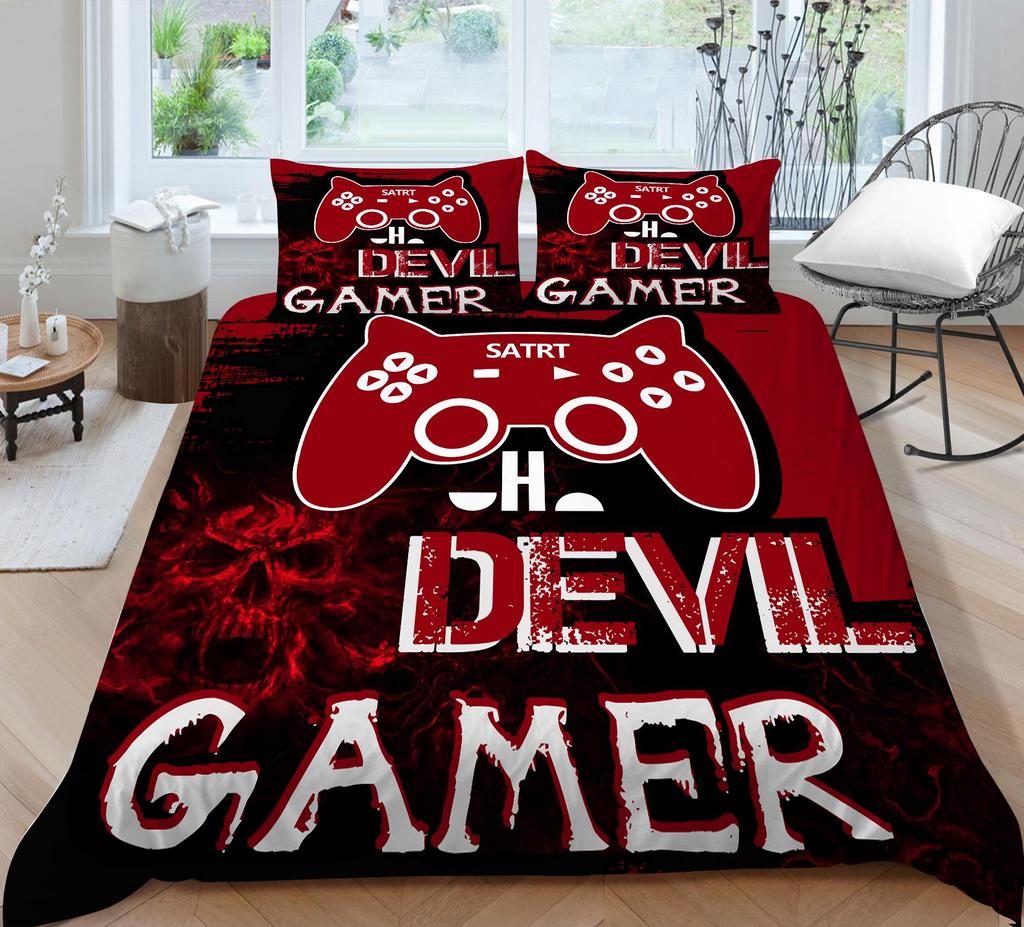 3D Bedding Single Double Bed Game Machine Printed Pillowcase and Quilt Cover 2/3 Pieces for Boys and Men Game Lovers Comfortable Household Bedding