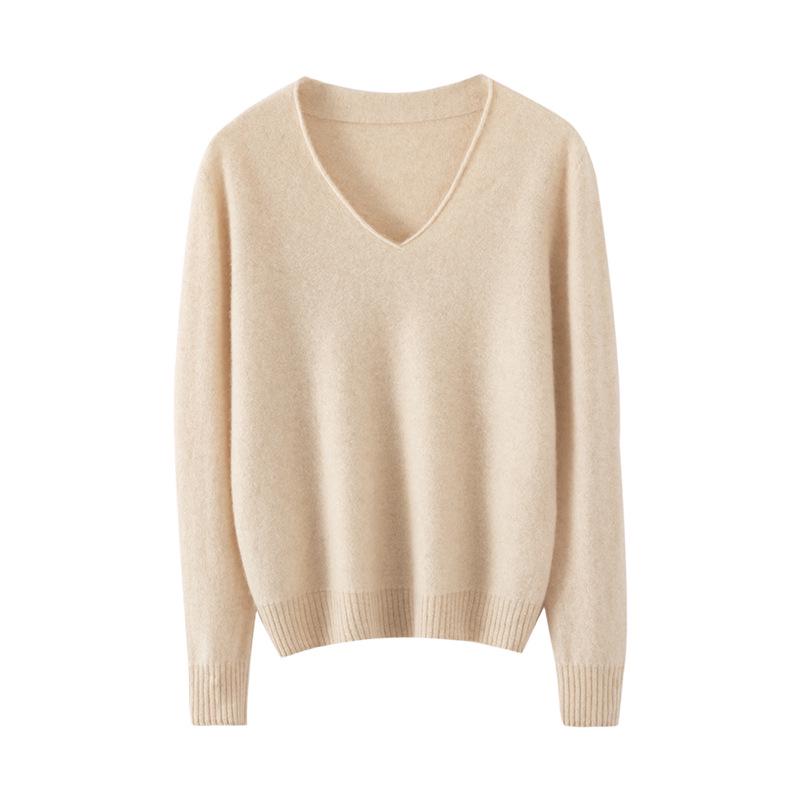 Women's V-Neck Solid Color Cashmere Sweater - Loose Fit, Soft Knit Pullover for Autumn/Winter