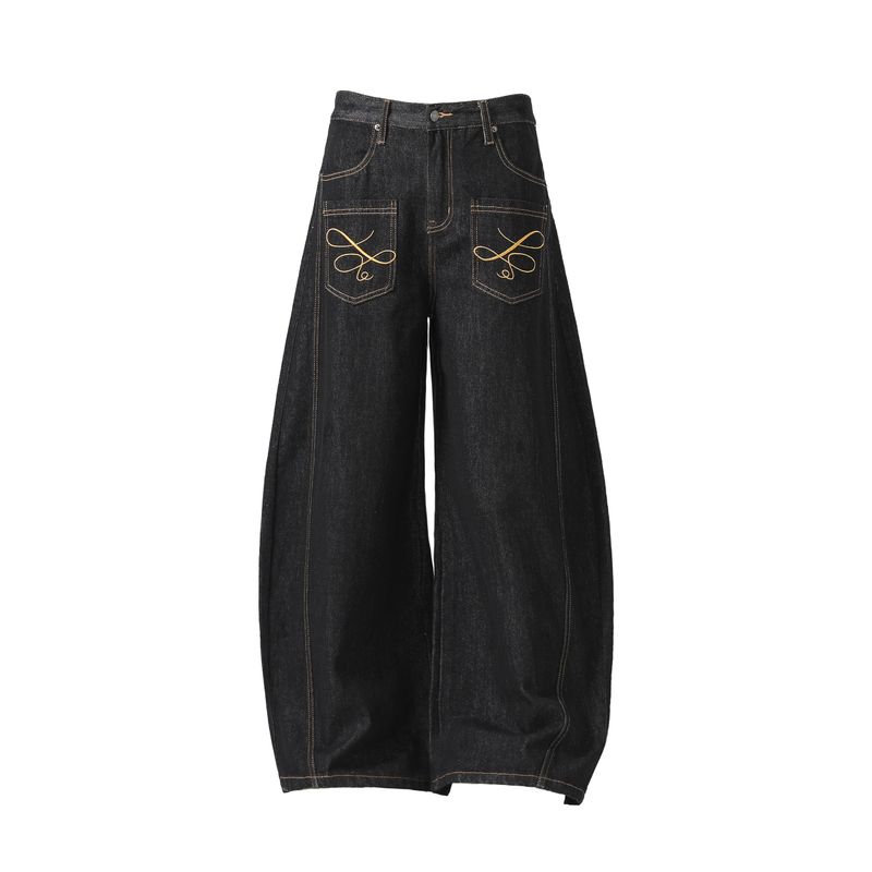 

Kisko American Retro Style Reverse Pocket Embroidered Washed Scimitar Jeans Unisex Loose Straight Casual Pants Black L