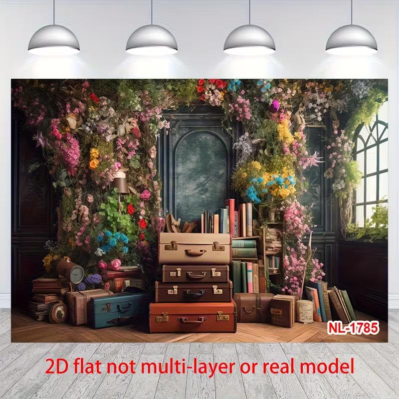Retro Floral Library Backdrop Vintage Suitcase Books Flower Wall Photo Booth Background