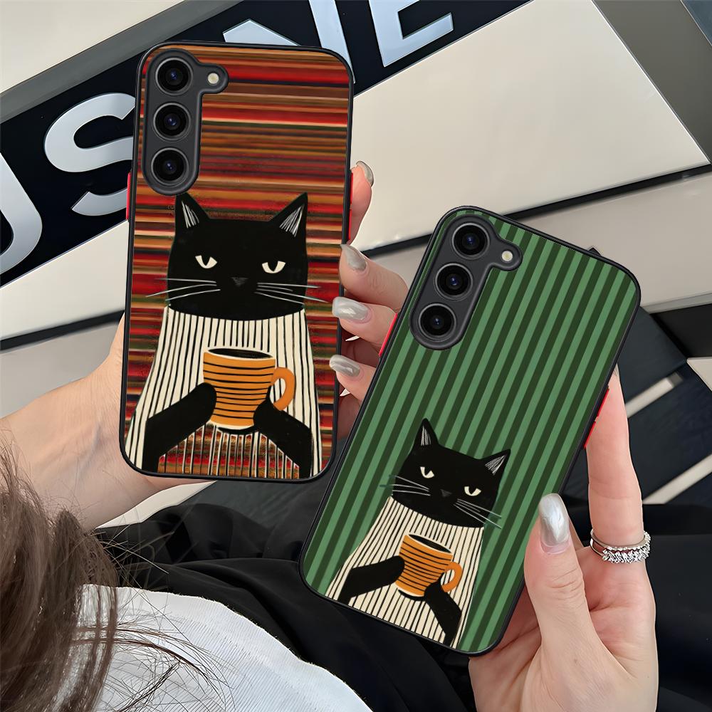 Custodia in Silicone per Cellulare Gatto Caffè Carino per Samsung Galaxy S26 S25 S24 S23 S22 S21 Plus FE Ultra Cover Colorata