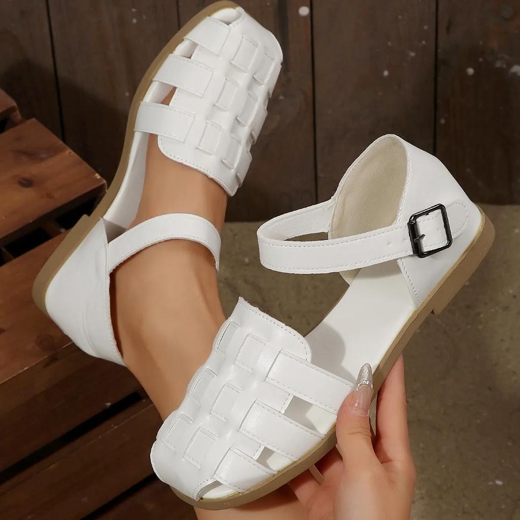 2025 Lyxiga Designerdamsskor Fyrkantiga Platta Läder Gladiator Slip-on Strand Casual Flickvävda Sandaler