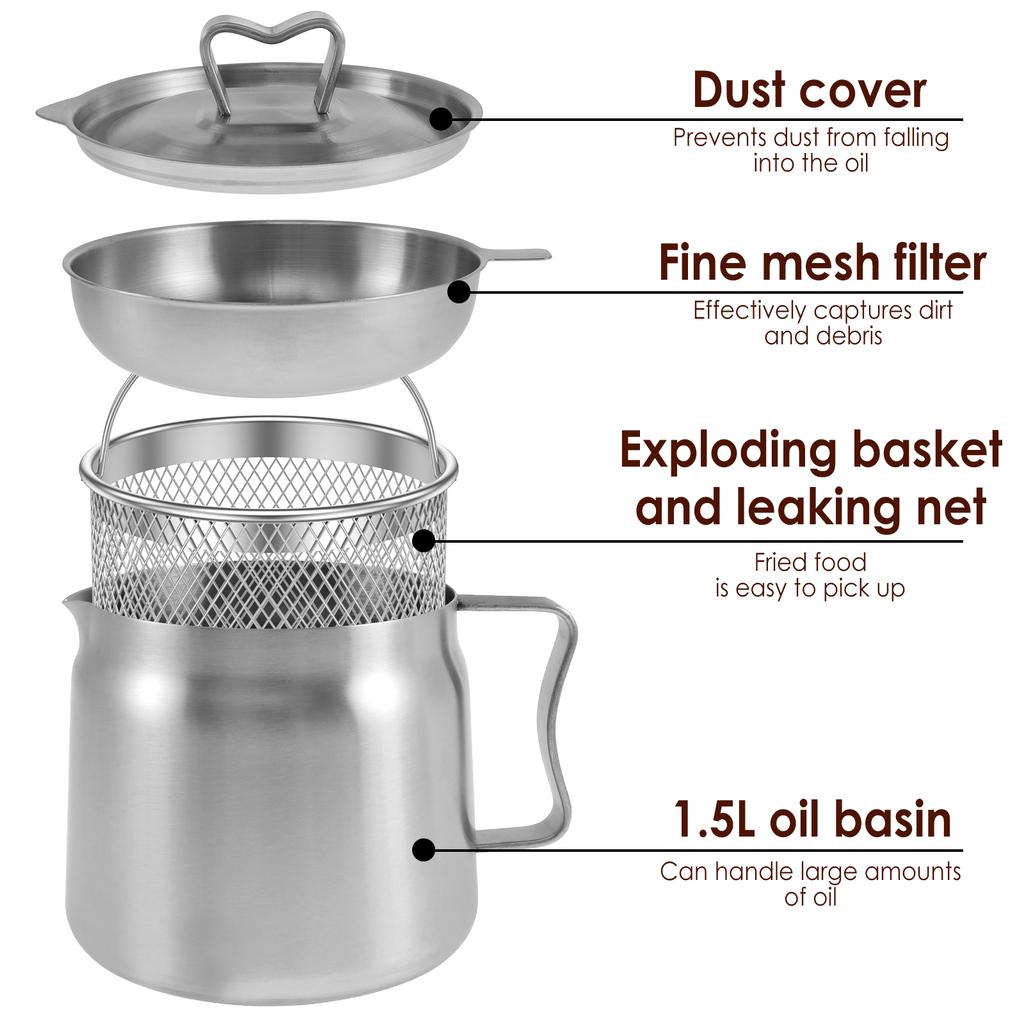 2/1.5L Oil Filter Fry Basket Oil Storage Can Pot Stainless Steel Oil Strainer Pot with Fine Mesh Strainer Grease Container Kitch