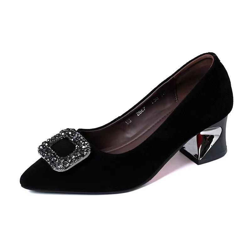 High Heels Women's Spring and Autumn Thin Heels Rhinestone Suede Not Tired Feet Temperament Pointed Square Buckle Single Shoe Temperament New