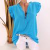 Women Blouse Ruffled Sleeve Loose V Neck Casual Cotton And Linen