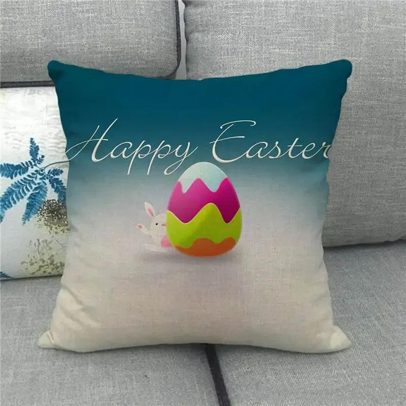 Easter Cushion Cover Cute Bunny Eggs Printed Pillow Covers 18x18 Inches Easter Decorations Hare Rabbit Flower Linen Pillowcase