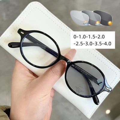 New Color Changing Myopia Glasses Near Sight Elliptical Flat Eyewear Small Frame Retro Photochromic Round Sunglasses To -4.0