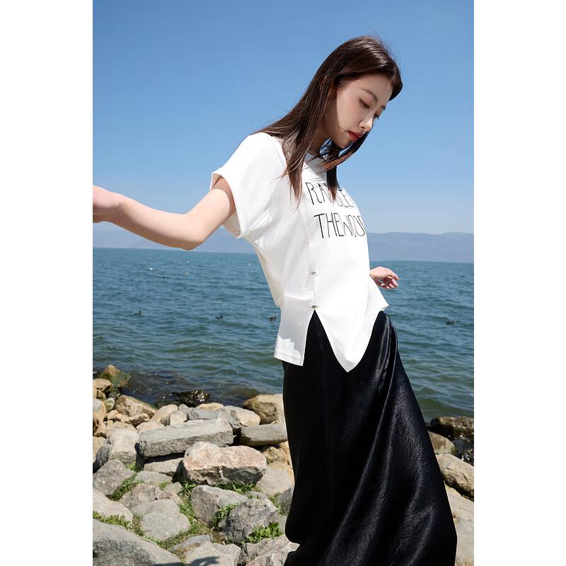 

Sancai Plus Size Pure Cotton Letter Embroidery Slit T-Shirt M