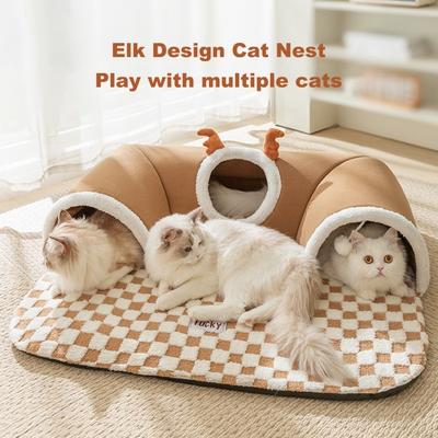 Cat Tunnel Bed Indoor Warm Antler Cat Peekaboo Cave Nest Kitty Tube with Plush Ball Toy Removable Small Animal House for Kitty Bunny