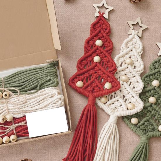 Cotton Rope Christmas Hanging Ornament Bohemia Hand Woven Wall Hanging Decoration with Wood Beads for Christmas Home Door