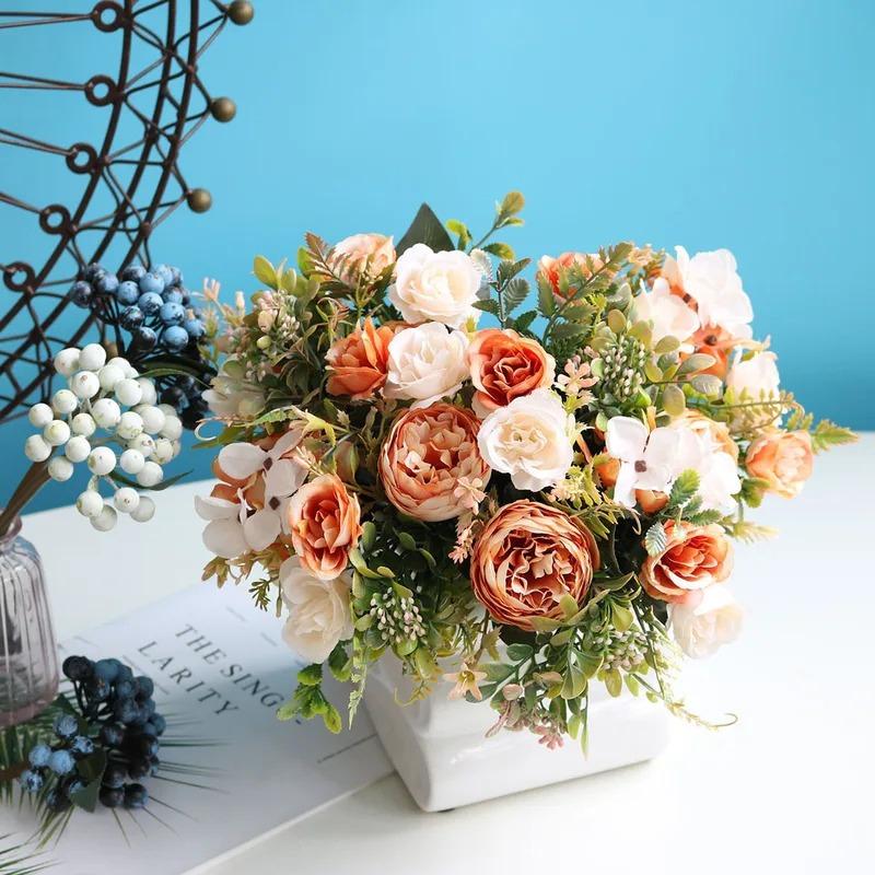Peonies Rose Artificial Flowers Autumn Fake Peony Silk Hydrangea Flowers Bouquet Wedding Arrangements Floral for Home Decoration