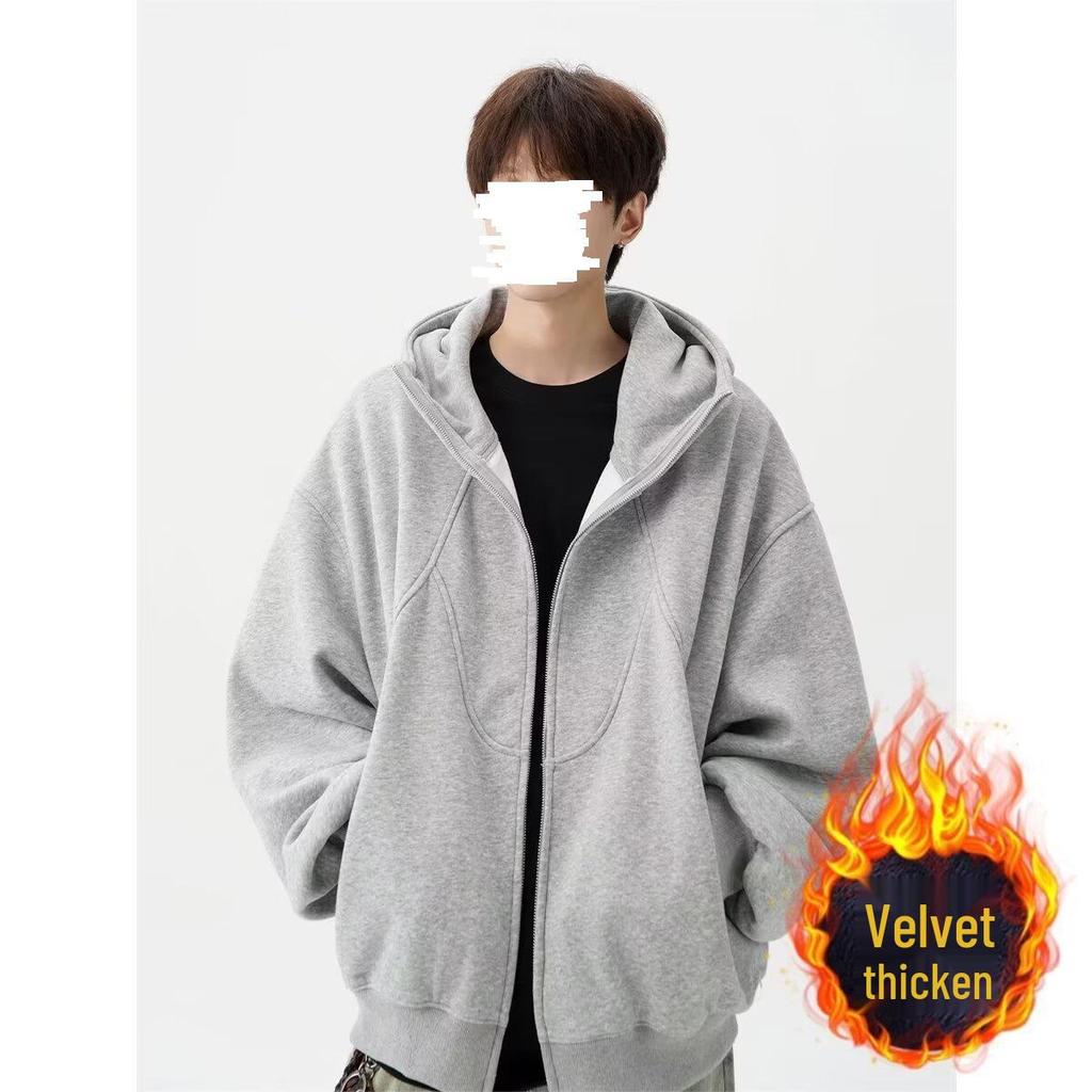 Men's Winter Hooded Cardigan - Trendy Casual Loose-Fit Pure Color Zipper Jacket