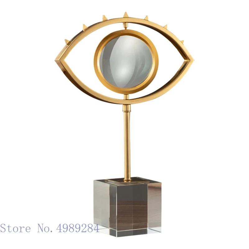 Creative Golden Metal Eyes Magnifying Glass Crafts Ornaments Crystal Glass Base Transparent Fun Desktop Modern Home Decoration