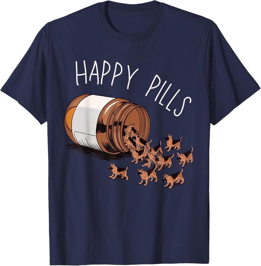 Happy Pills German Shepherd Dog Lovers Graphic Print TShirt Casual Wear Cotton Tee