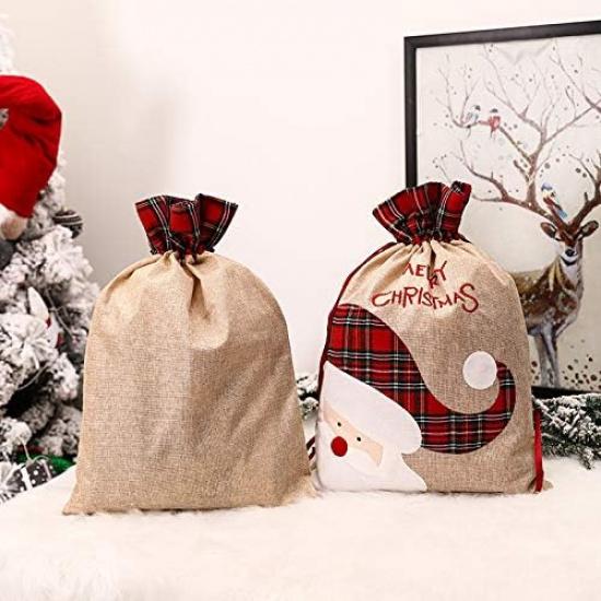 Yordearly 2Pcs Santa Sack Bags, Large Christmas Cloth Bag with Drawstring, 16" X 22" Inch Reusable Xmas Present Storage Bag