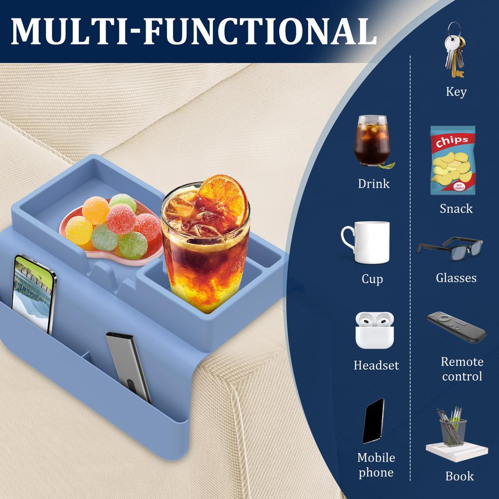 Sofa Armrest Tray Silicone Sofa Armrest Rest Shelf with Side Pocket Dual Slot Anti-Slip Sofa Cup Holder for Remote Control Snack