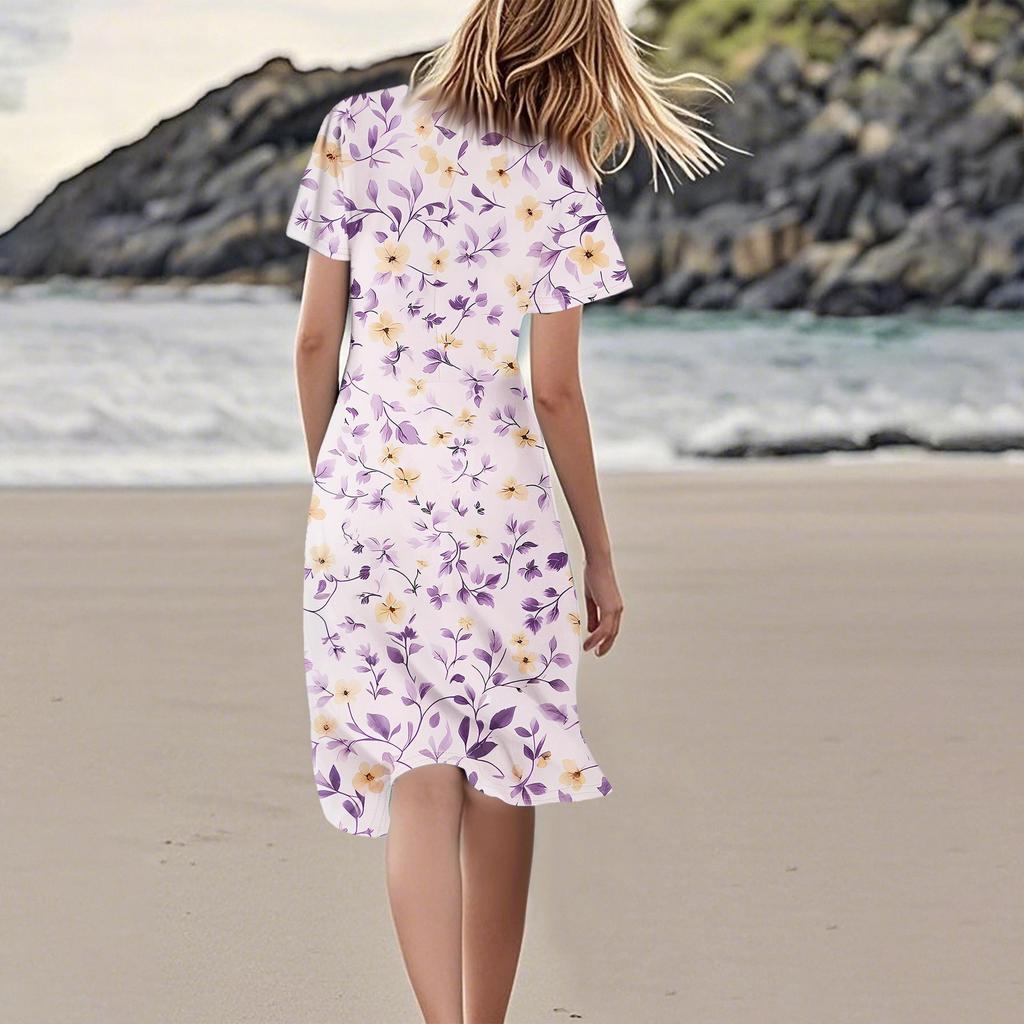 Women's Casual Fashion Flower Print Dress V Neck Short Sleeve Short Skirt
